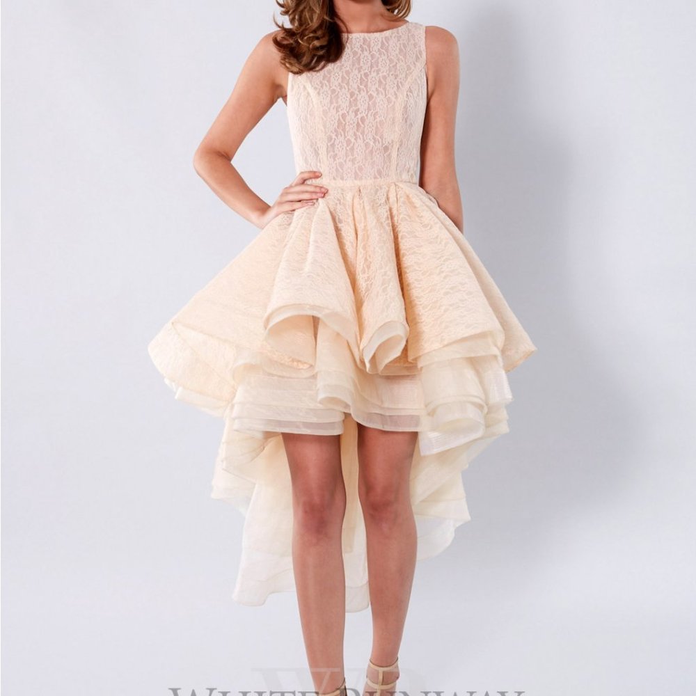 Leah Dress High Low Ruffle Leah Da Gloria in Beige